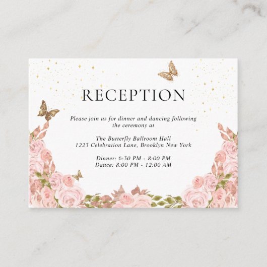 Blush Pink Floral Gold Butterfly Quinceanera エンクロージャーカード (正面)