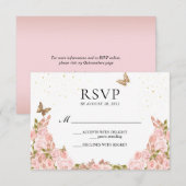 Blush Pink Floral Gold Butterfly Quinceanera 出欠カード (正面/裏面)