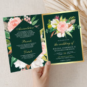 Blush Pink Floral Gold Emerald QR Code Wedding 招待状