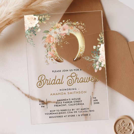 Blush Pink Floral Gold Horseshoe Bridal Shower アクリル招待状