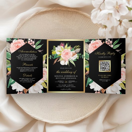 Blush Pink Floral Gold QR Code Black Wedding 三つ折り招待状