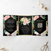 Blush Pink Floral Gold QR Code Black Wedding 三つ折り招待状 (内部)