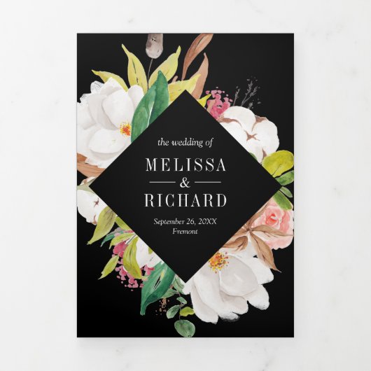 Blush Pink Floral Gold QR Code Black Wedding 三つ折り招待状 (カバー)