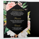 Blush Pink Floral Gold QR Code Black Wedding 三つ折り招待状 (内部最初)