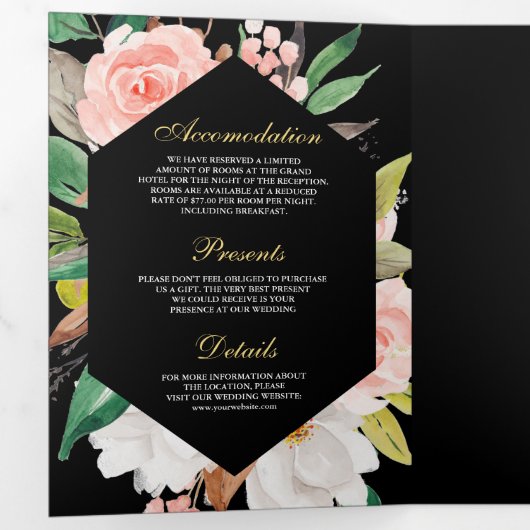Blush Pink Floral Gold QR Code Black Wedding 三つ折り招待状 (内部最初)