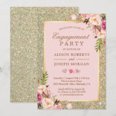 Blush Pink Floral Gold Sparkles Engagement Party 招待状 (正面/裏面)