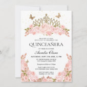 Blush Pink Floral Gold Tiara Photo Quinceanera 招待状 (正面)