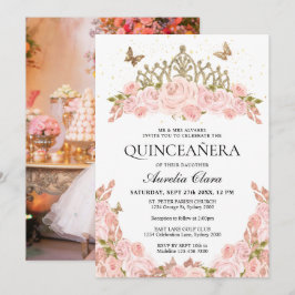 Blush Pink Floral Gold Tiara Photo Quinceanera 招待状