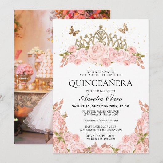 Blush Pink Floral Gold Tiara Photo Quinceanera 招待状 (正面/裏面)