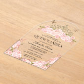 Blush Pink Floral Gold Tiara Quinceanera Arch アクリル招待状 (レイダウン)