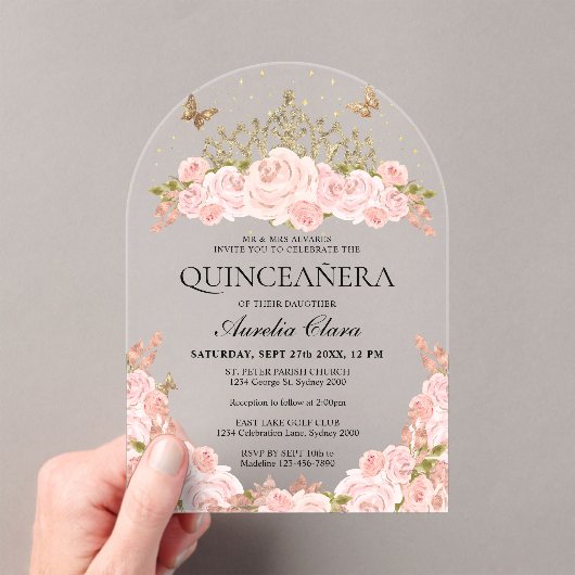 Blush Pink Floral Gold Tiara Quinceanera Arch アクリル招待状 (インサイチュ (ポータブル))