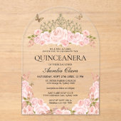 Blush Pink Floral Gold Tiara Quinceanera Arch アクリル招待状 (正面)