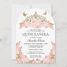 Blush Pink Floral Gold Tiara Quinceanera Arch 招待状