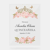 Blush Pink Floral Gold Tiara Quinceanera Welcome アクリルサイン (正面)