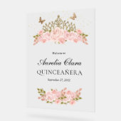 Blush Pink Floral Gold Tiara Quinceanera Welcome アクリルサイン (傾斜)