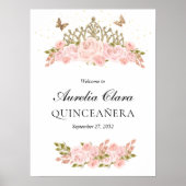 Blush Pink Floral Gold Tiara Quinceanera Welcome ポスター (正面)
