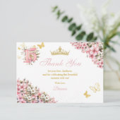 Blush Pink Floral Golden Butterflies Quinceañera サンキューカード (スタンド正面)