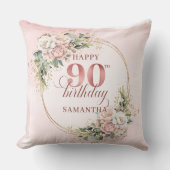 Blush Pink Floral Greenery 90歳の誕生日枕 クッション (正面)