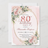 Blush Pink Floral Greenery Gold Glitter 80th Bday 招待状 (正面)