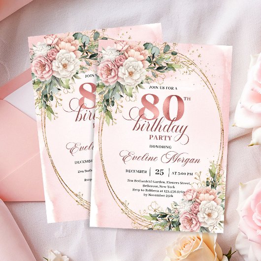 Blush Pink Floral Greenery Gold Glitter 80th Bday 招待状