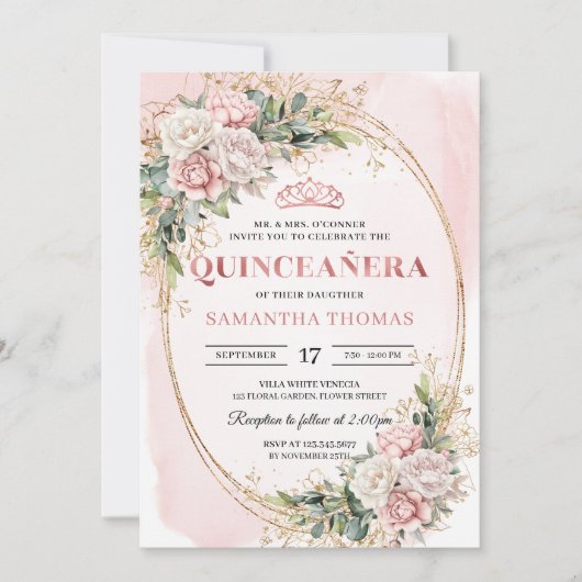 Blush Pink Floral Greenery Quince Invitation 招待状 (正面)