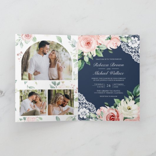Blush Pink Floral Lace Navy Blue QR Code Wedding 招待状 (内部)