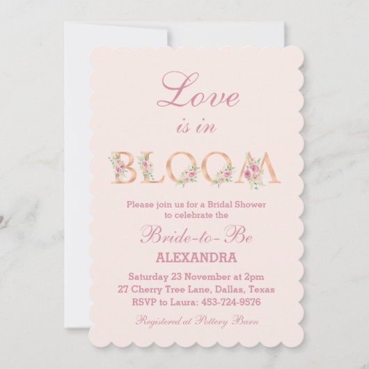 Blush Pink Floral Love is in Bloom Bridal Shower 招待状 (正面)