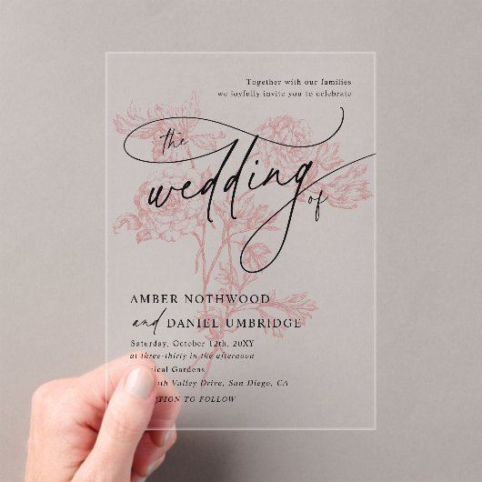 Blush Pink Floral Modern Minimalist Wedding アクリル招待状 (インサイチュ (ポータブル))