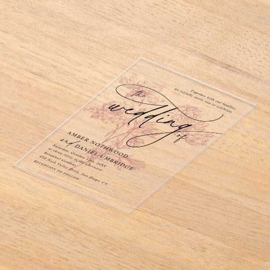 Blush Pink Floral Modern Minimalist Wedding アクリル招待状 (レイダウン)