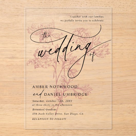 Blush Pink Floral Modern Minimalist Wedding アクリル招待状 (正面)