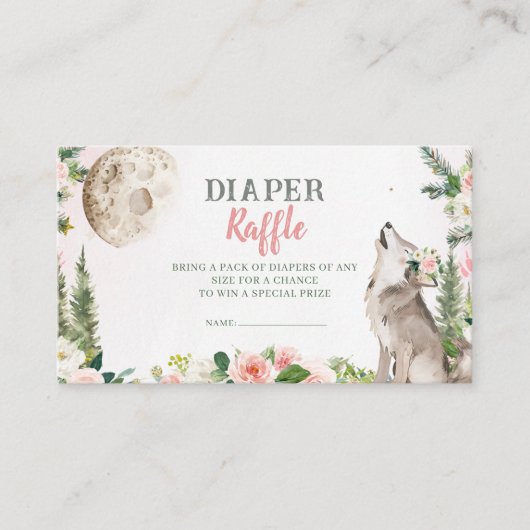 Blush Pink Floral Moon Forest Wolf Diaper Raffle エンクロージャーカード (正面)