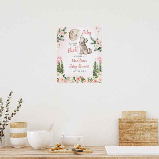 Blush Pink Floral Moon Forest Wolf Welcome Sign ポスター (キッチン)