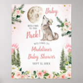 Blush Pink Floral Moon Forest Wolf Welcome Sign ポスター (正面)