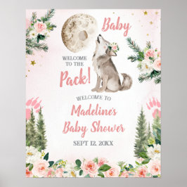 Blush Pink Floral Moon Forest Wolf Welcome Sign ポスター