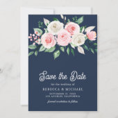 Blush Pink Floral Navy Blue Photo Wedding セーブザデート (正面)