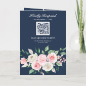 Blush Pink Floral Navy Blue QR Code Wedding 招待状 (裏面)