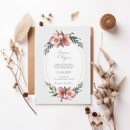 Blush Pink Floral Oval Wedding Invitation 招待状