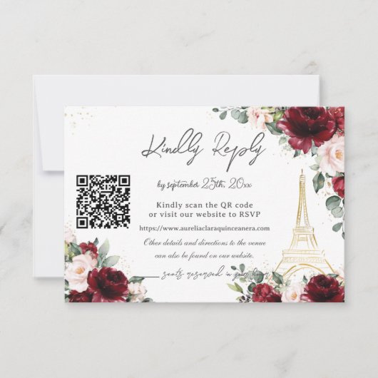 Blush Pink Floral Paris Eiffel Quinceañera QR  出欠カード (正面)