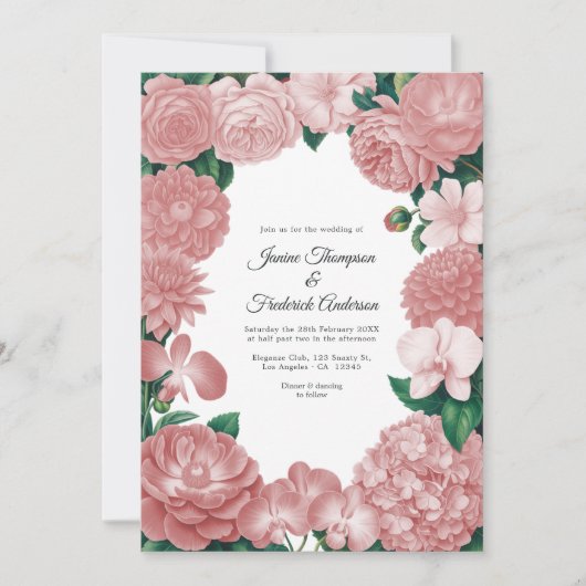 Blush Pink Floral Photo and QR Code Wedding 招待状 (正面)