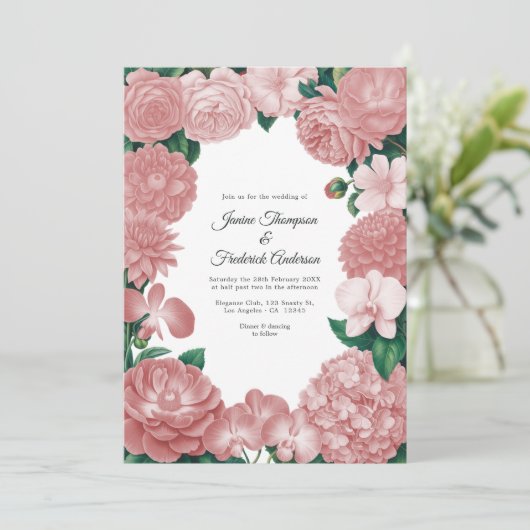 Blush Pink Floral Photo and QR Code Wedding 招待状 (スタンド正面)