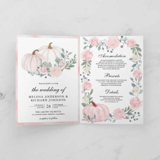 Blush Pink Floral Pumpkin QR Code Wedding 招待状 (内部)
