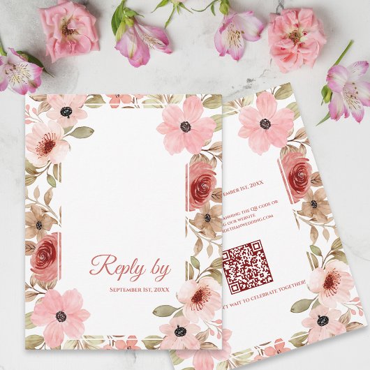 Blush Pink Floral QRコード ウェディング返信先 出欠カード