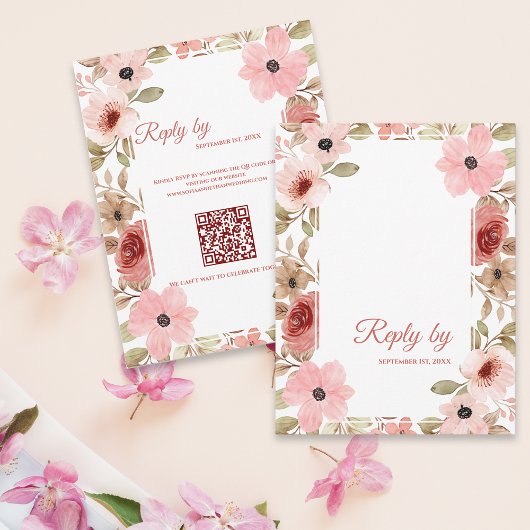 Blush Pink Floral QR Code ウェディング返信期限 出欠カード