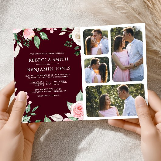 Blush Pink Floral QR Code Burgundy Wedding 招待状