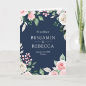 Blush Pink Floral QR Code Navy Blue Wedding 招待状 (正面)