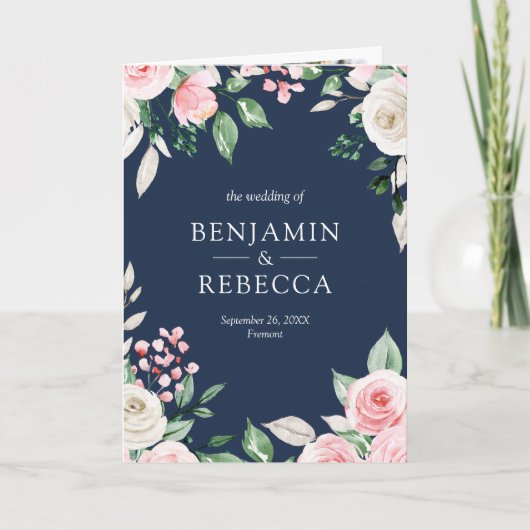 Blush Pink Floral QR Code Navy Blue Wedding 招待状 (正面)