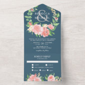 Blush Pink Floral Rose Garland Dusty Blue Wedding オールインワン招待状 (内側)