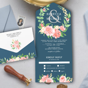 Blush Pink Floral Rose Garland Dusty Blue Wedding オールインワン招待状