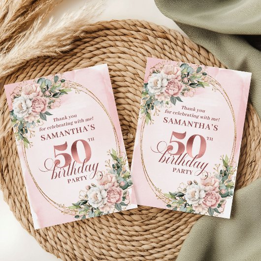 Blush Pink Floral Rose Gold 50Birthday Thank You サンキューカード
