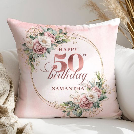 Blush Pink Floral Rose Gold 50th Birthday Pillow  クッション